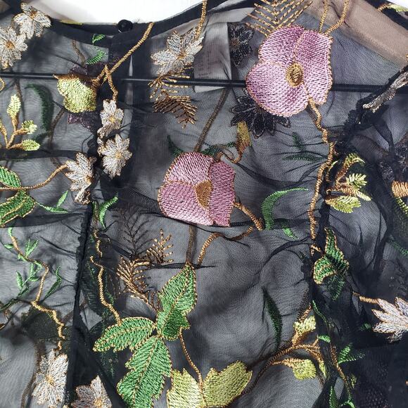 H&M Sheer Floral Embroidered‎ Blouse 4 Black Puff 3/4 Sleeve Top - Picture 4 of 11